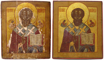 Икона Св. Николая Чудотворца Мирликийский до и после реставрации