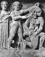 Победа Персея над горгоной Медузой. Метопа храма С в Селинунте. VI в. до н.э.