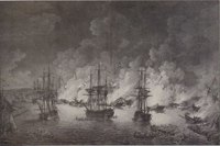 Чесменское сражение 24-26 июня 1770 года. Гравюра П. Кано (Кэнота) по оригиналу Р. Пэтона